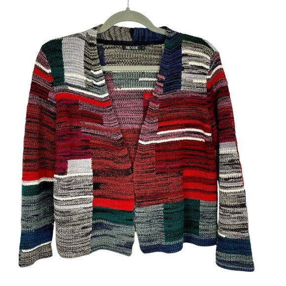 NIC+ZOE Cotton Wool Blend Knit Open Front Cropped Cardigan Womens L Multi-Color - Picture 1 of 12